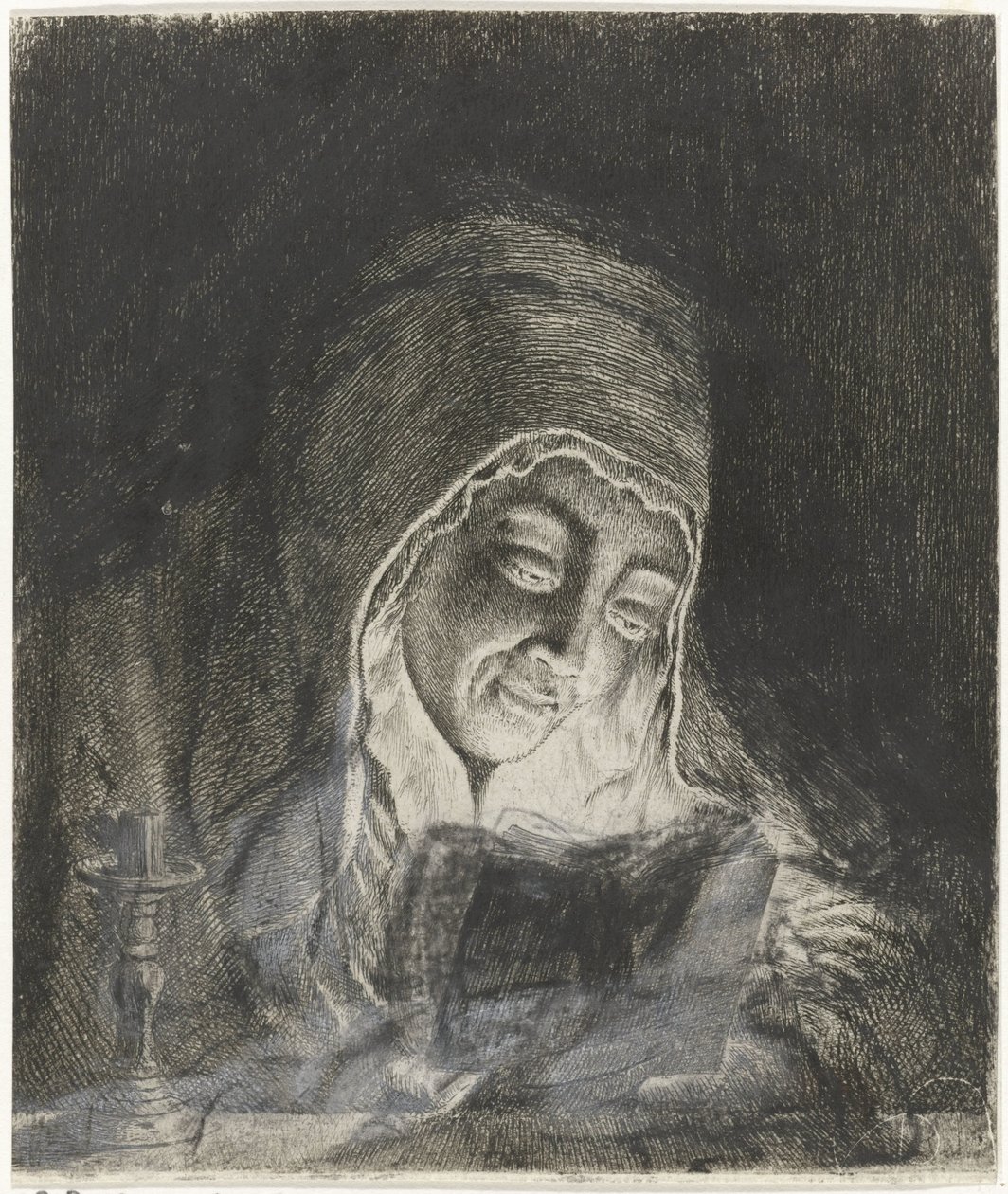 Mulher lendo à luz de velas de Theodorus de Roode