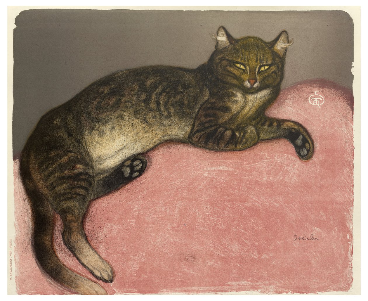 Winter, Cat on a cushion, 1909 (cor litográfica em papel creme) de Théophile Alexandre Steinlen