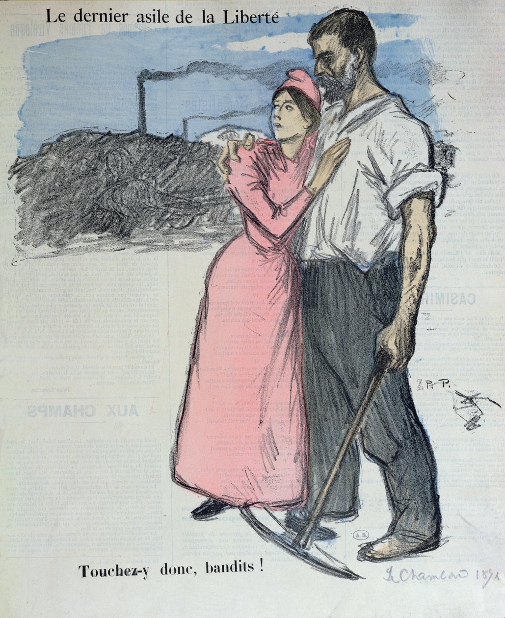 Marianne com um trabalhador, ilustração de &39;Le Chambard Socialiste&39; 1891 de Théophile Alexandre Steinlen