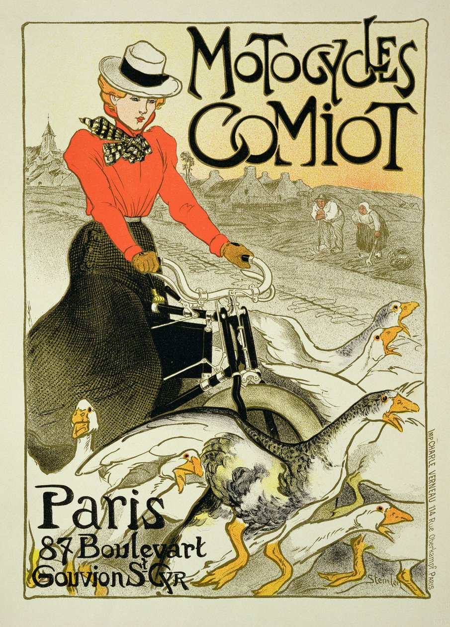 Reprodução de uma propaganda de publicidade Motocicletas de Comiot, 1899 de Théophile Alexandre Steinlen