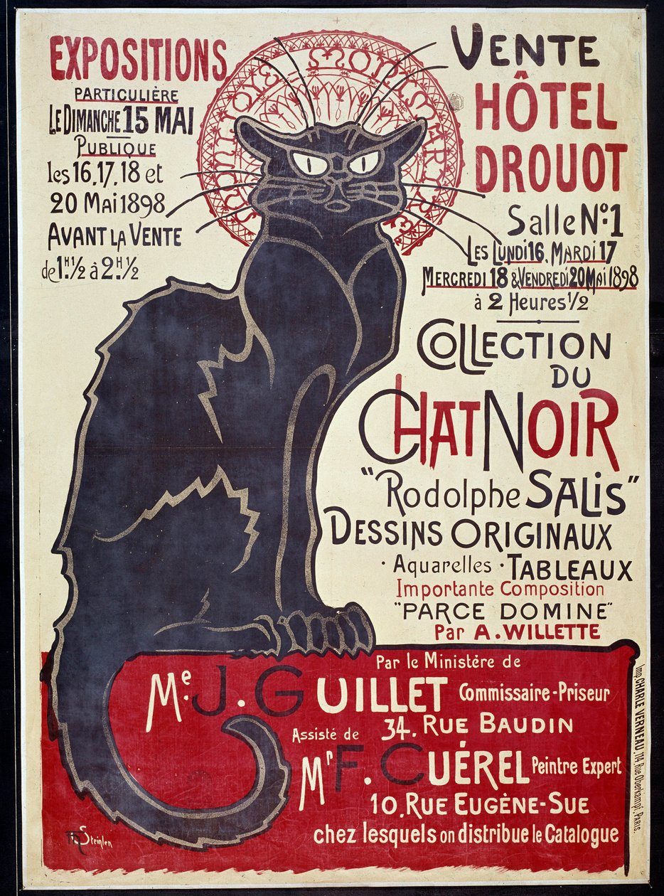 Cartaz publicitário anunciando a venda no Hotel Drouot em 1898 da colecção Cat Noir e obras de Rodolphe Salis, Ilustração de Theophile Alexandre Steinlen (1859-1923) de Théophile Alexandre Steinlen