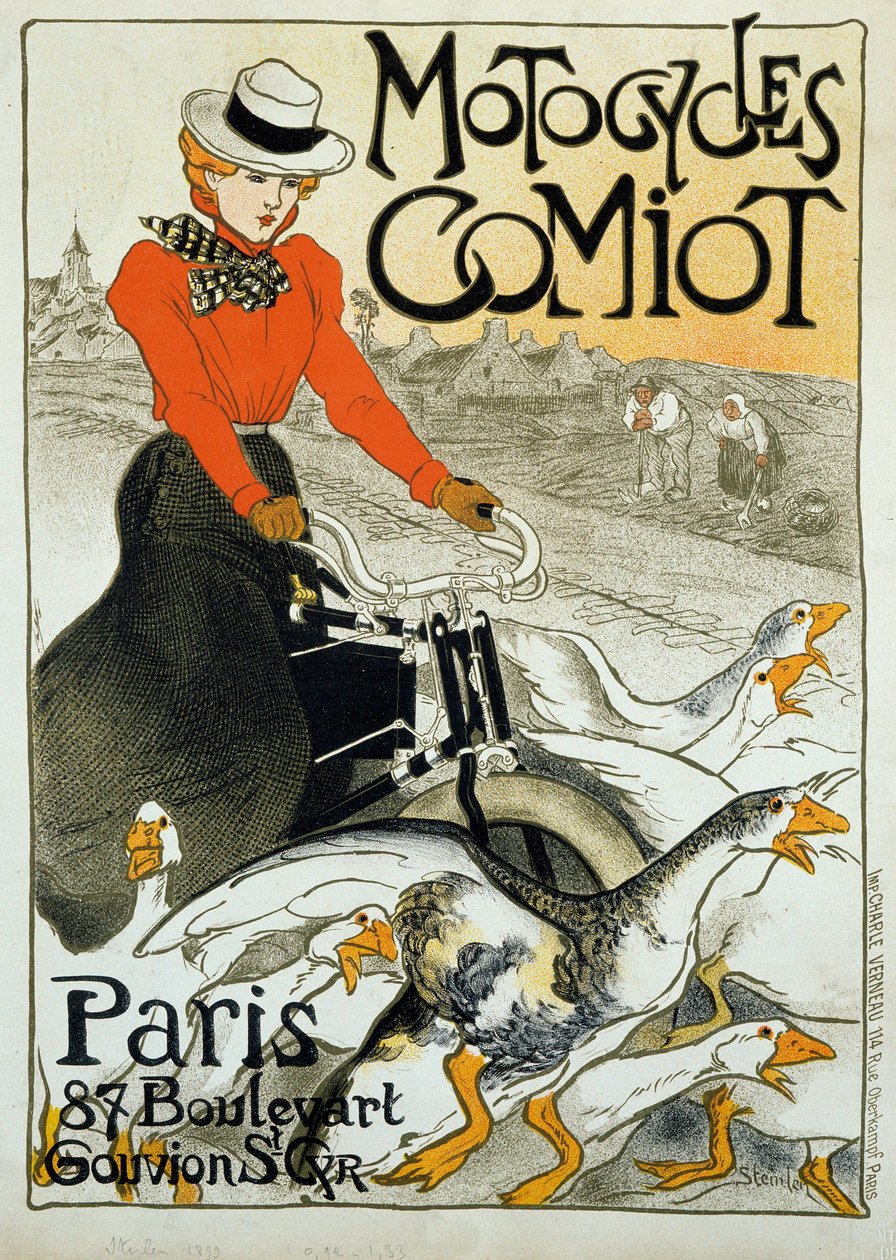 Cartaz publicitário para motocicletas Comiot. Uma jovem mulher em rolos de ciclomotores entre um grupo de gansos. Cartaz de Theophile Alexandre Steinlen (1859-1923). 1899. Paris, artes decorativas. de Théophile Alexandre Steinlen
