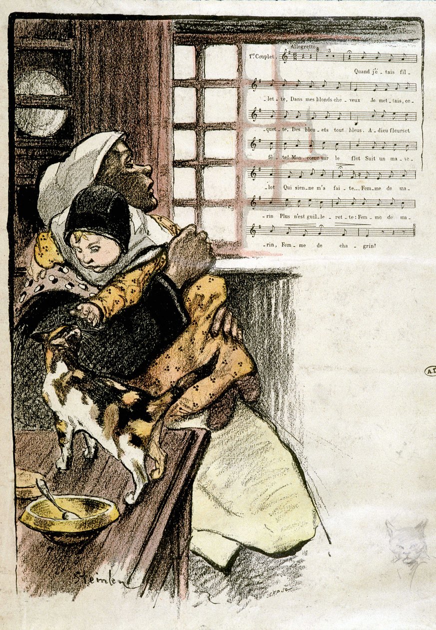 Criança nos braços de uma mulher a brincar com um gato, doente. Steinlen para partituras, s.d. 19e s. de Théophile Alexandre Steinlen