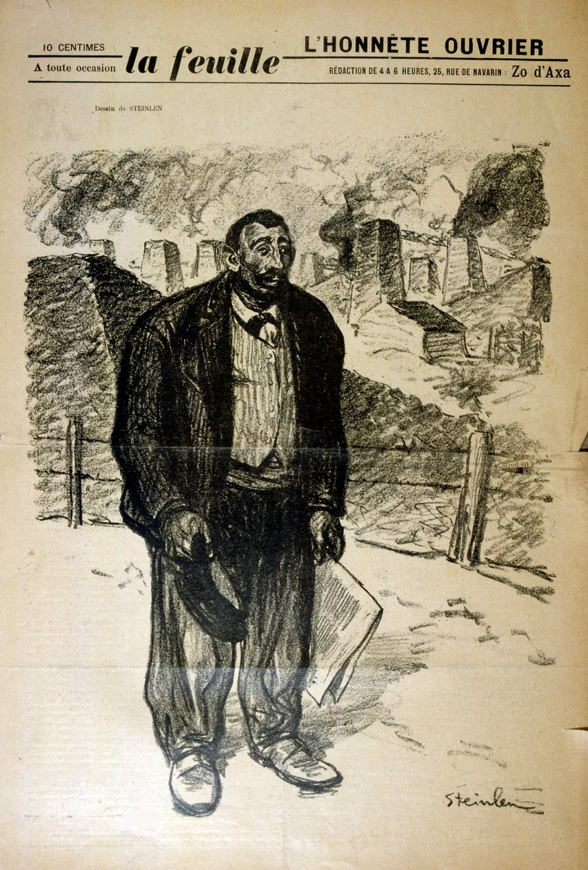 Desenho de um pobre trabalhador de fábrica contra uma paisagem industrial, por Alexandre Steinlen (1859-1923), pintor e gravador francês nascido na Suíça Art Nouveau de Théophile Alexandre Steinlen