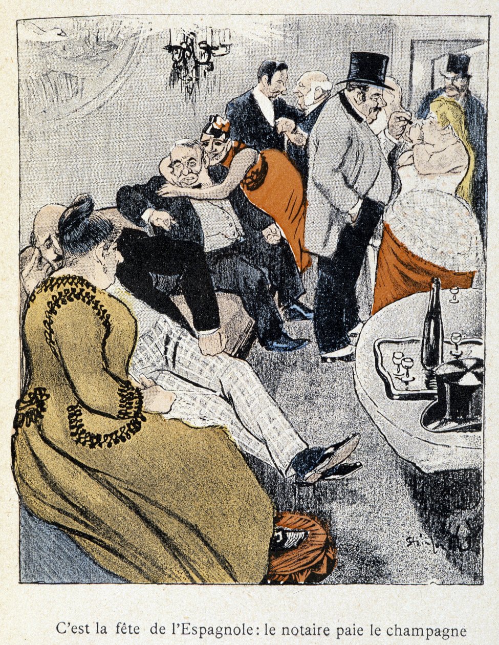 Filles et Marlous: É a festa dos espanhóis: o notário paga o champanhe - em "Dans la vie", de Steinlen 1901 (mesmo desenho do nº 27695) de Théophile Alexandre Steinlen