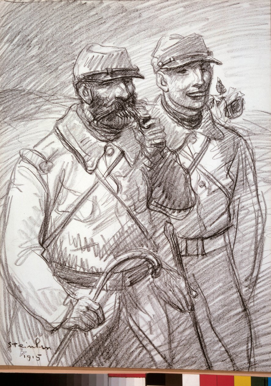 Primeira Guerra Mundial: "Os Cabeludos em 1915", soldados franceses. Desenho de Theophile Alexandre Steinlen (1859-1923) de Théophile Alexandre Steinlen