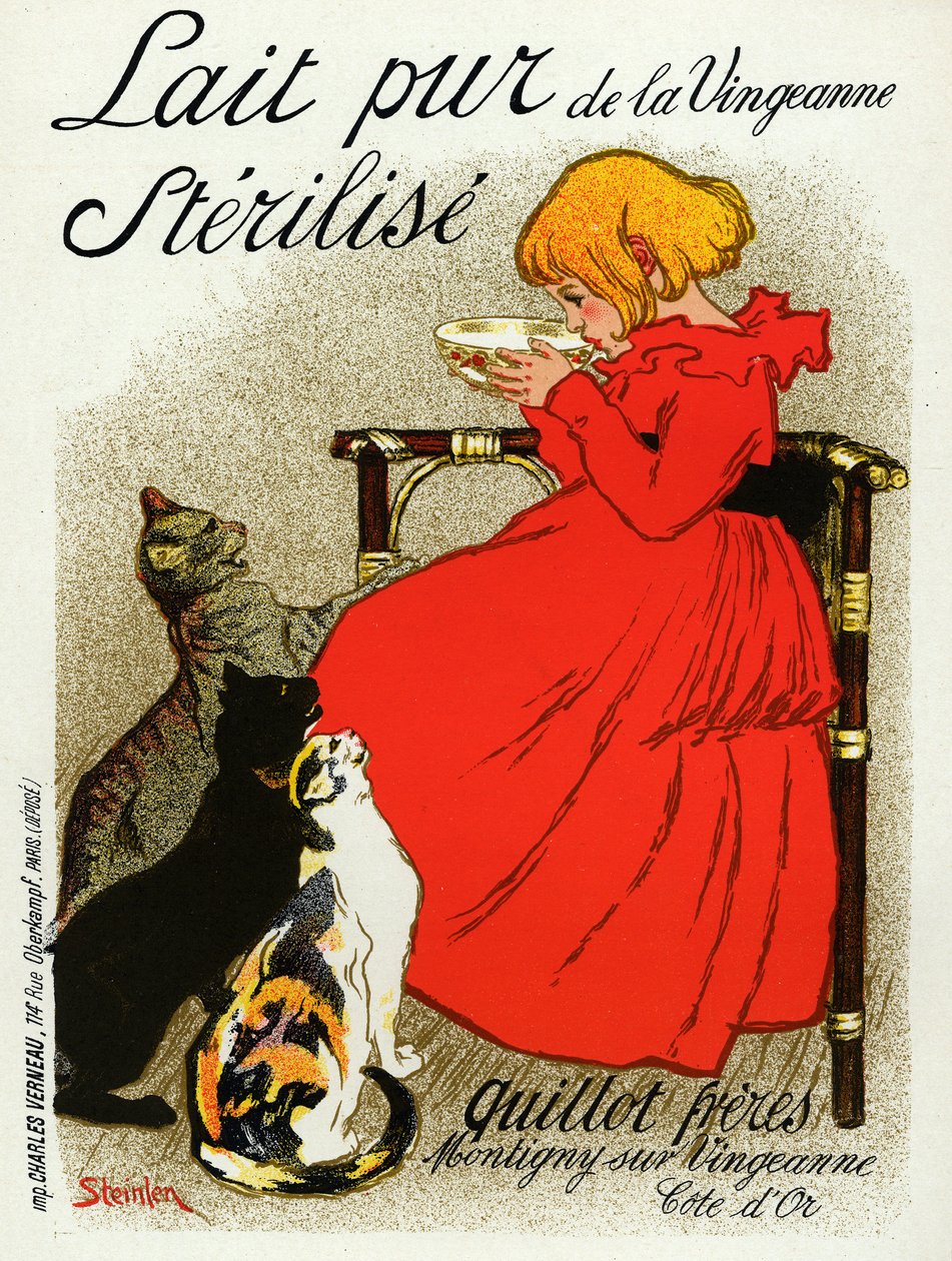 Alimentos e Bebidas. Leite Vingeanne. Rapariguinha com gatos. Cartaz de Steinlen, França, c.1890 (cartaz) de Théophile Alexandre Steinlen