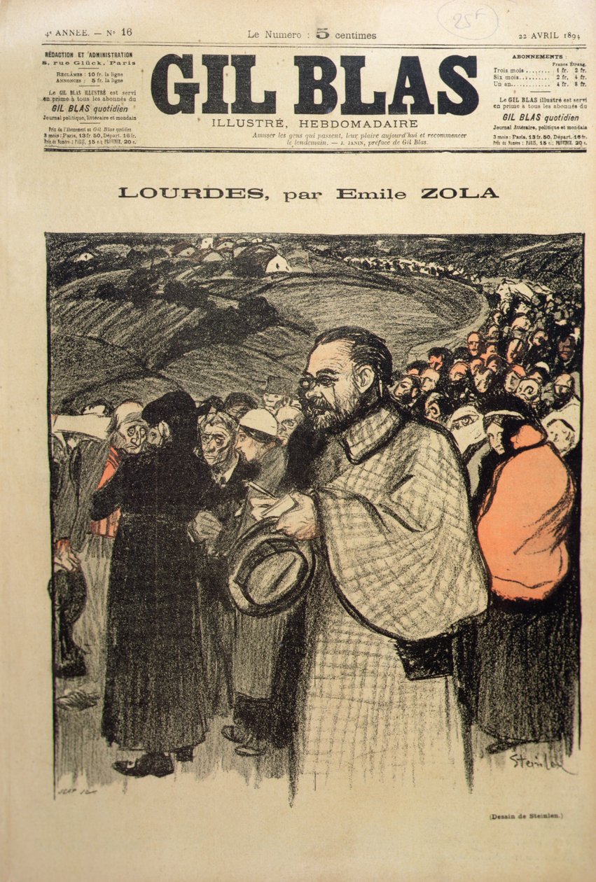 Capa frontal de "Gil Blas" contendo a primeira parcela de "Lourdes" de Emile Zola (1840-1902) 1894 (cor litho) de Théophile Alexandre Steinlen