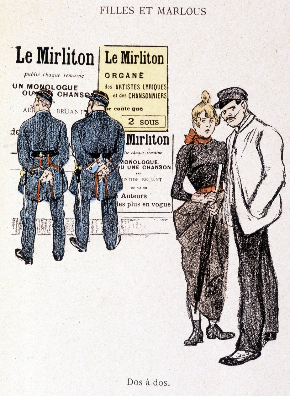 Rapariga e Marlou: um chulo e uma prostituta atrás de dois polícias. Em "In Life" por Steinlen de Théophile Alexandre Steinlen