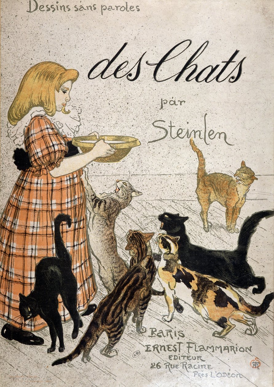 Garota trazendo uma tigela de leite para gatos - capa "Cats" de Steinlen, n.d. 19. de Théophile Alexandre Steinlen