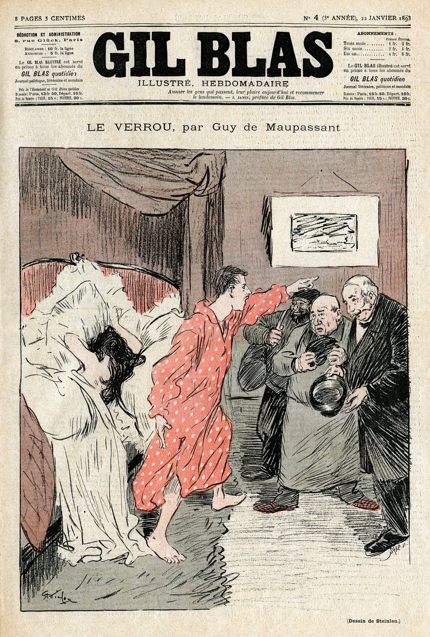 Ilustração por Steinlen do conto de Guy de Maupassant "A fechadura". Casal de Ilegitime apanhado em ebats de amor - Adultere, surpresa. Capa de Gil Blas No. 4, 22 de janeiro de Théophile Alexandre Steinlen