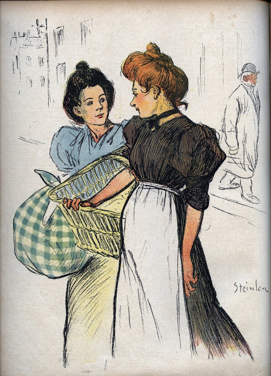 Les blechisseuses Drawing by Theophile Alexandre Steinlen (1859-1923) - em "Le Rire" de 1898 - Two Washerwoman - Se você tivesse que ouvir todos os clientes, isso significaria muita roupa suja para nós limparmos de Théophile Alexandre Steinlen