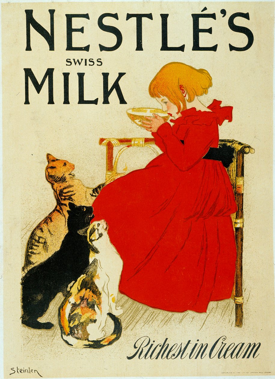 Anúncio do Nestlé: "O leite suíço do Nestlé". Uma menina está bebendo uma tigela de leite na frente de gatos invejosos. Cartaz de Theophile Alexandre Steinlen (1859 - 1923), século XX. Paris, Artes Decorativas. de Théophile Alexandre Steinlen