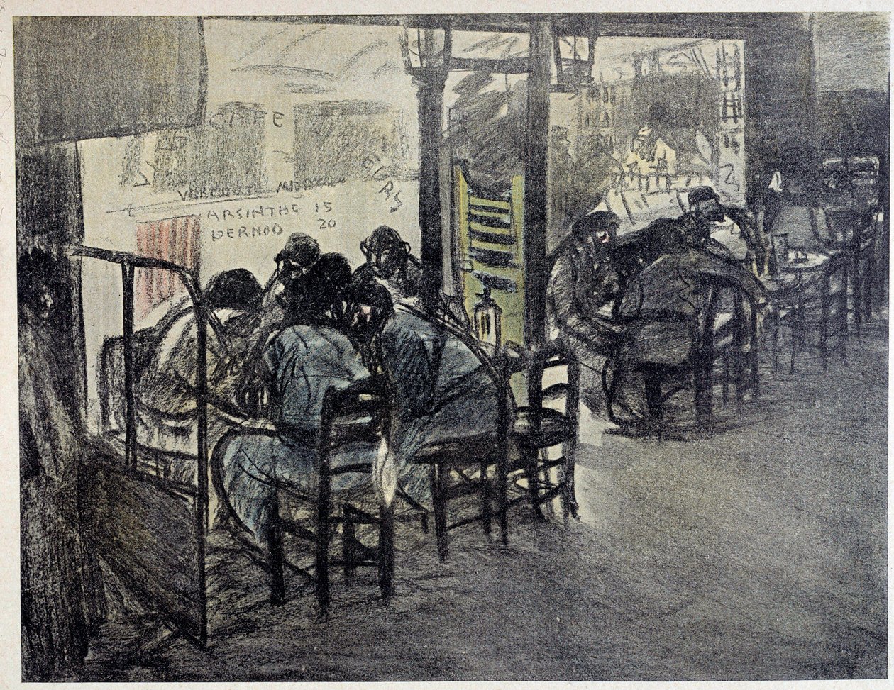 No terraço do café (Na vitrine está escrito "Absinto 15", "Pernod 20") Desenho de Theophile Alexandre Steinlen (1859-1923) Paris do século XX, Musee Carnavalet de Théophile Alexandre Steinlen