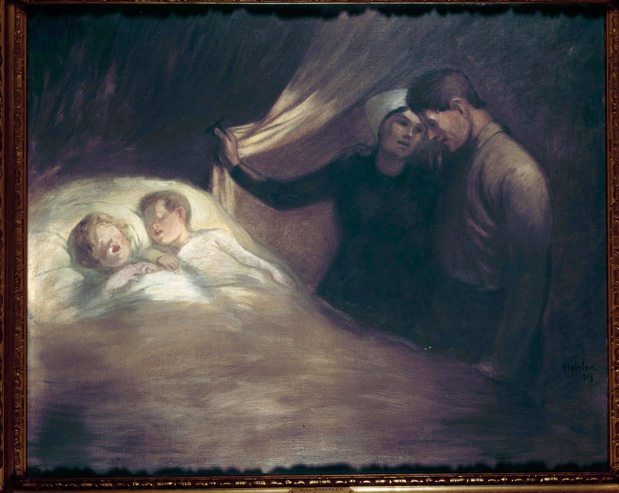 Pobres Um casal de pais de condições modestas sussurra observando seus filhos adormecerem. Pintura de Theophile Alexandre Steinlen (1859-1923). 1903 Paris, casa Victor Hugo de Théophile Alexandre Steinlen