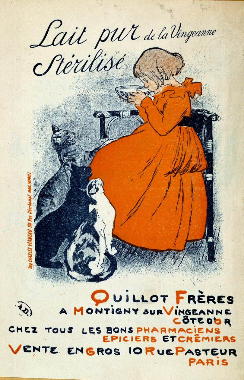 Cartaz de Theophile-Alexandre Steinlen (1859-1923) para a "Lait pur de la Vingeanne sterilise: Quillot Freres a Montigny sur Vingeanne - Cote d