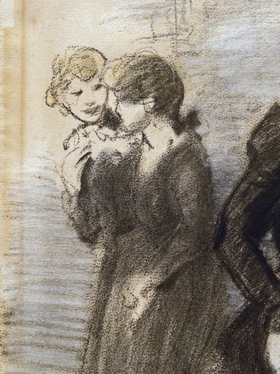 A saída das midinettes (detalhe) (antes de 1907). O teófilo Alexandre Steinlen (1859-1923). Carvão vegetal e pastel sobre papel. Musee des Beaux-Arts de la Ville de Paris, PeuPalais. de Théophile Alexandre Steinlen