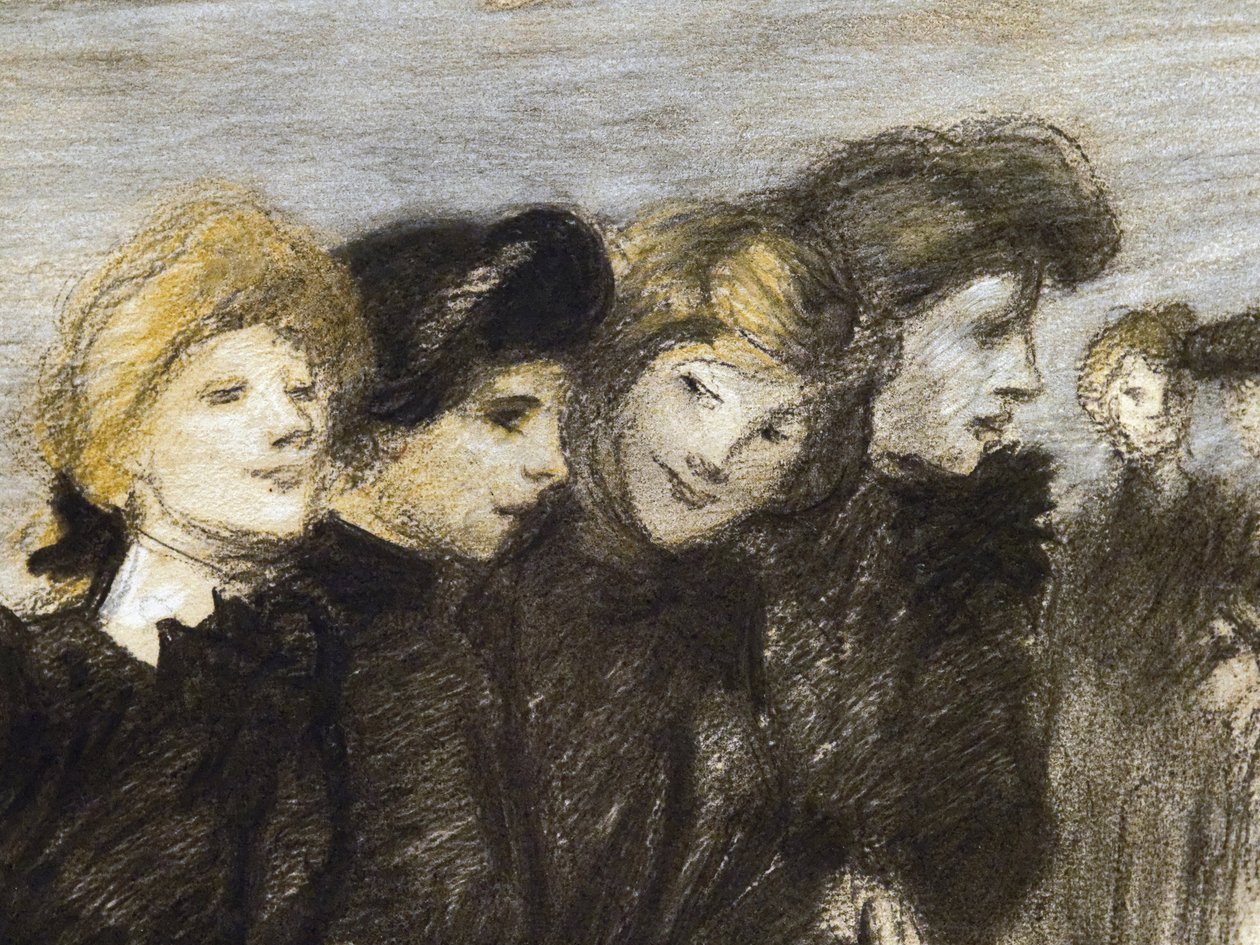 A saída das midinettes (detalhe) (antes de 1907). Teófilo Alexandre Steinlen (1859-1923). Carvão e pastel sobre papel. Musée des Beaux-Arts de la Ville de Paris, PeuPalais. de Théophile Alexandre Steinlen