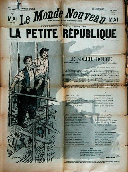 Dois trabalhadores da construção civil cantando "Le Soleil Rouge", capa de "La Petite Republique". de Théophile Alexandre Steinlen