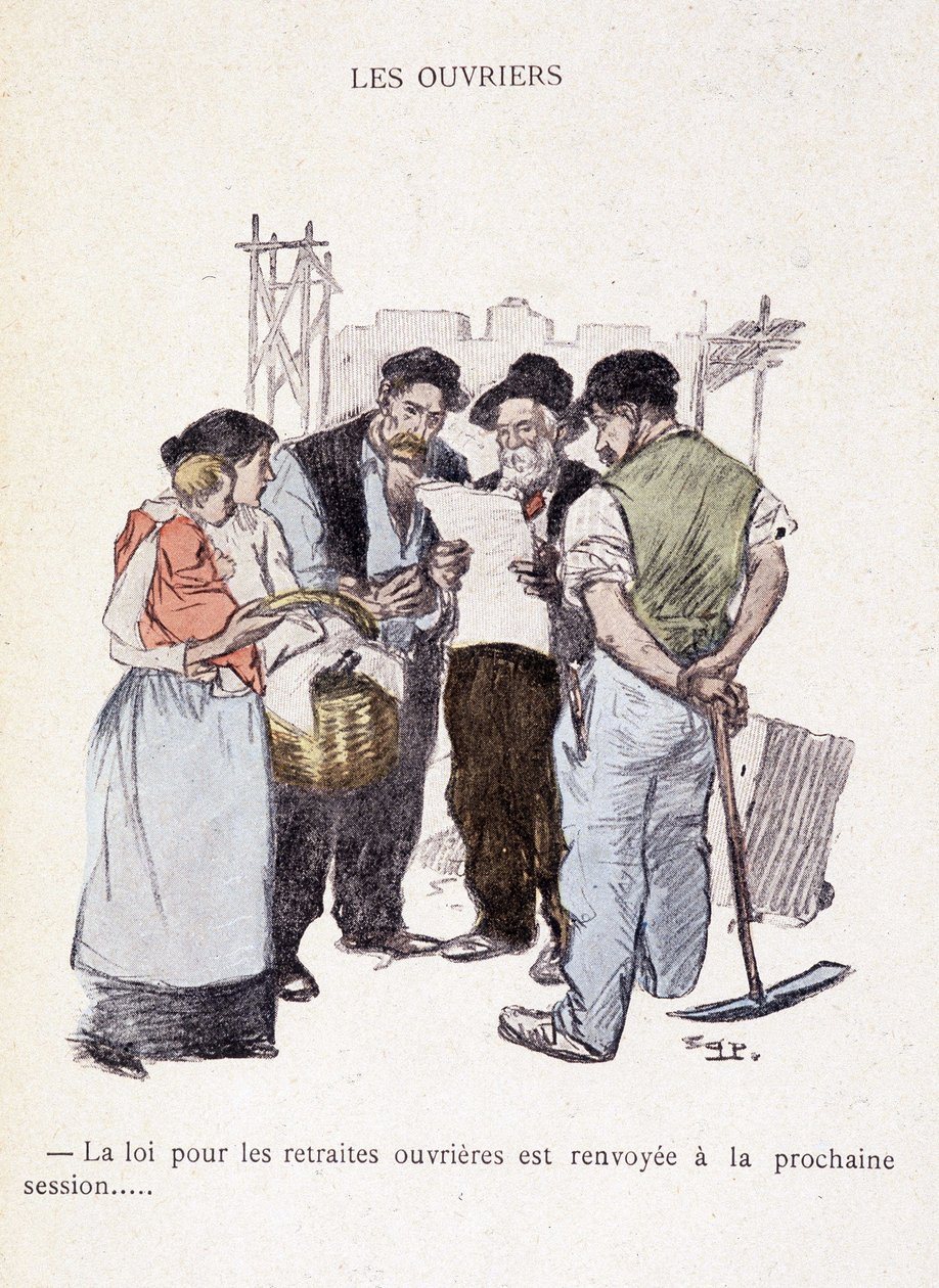 Trabalhadores: A lei das pensões dos trabalhadores é adiada para a próxima sessão... - em "In life", por Steinlen 1901 de Théophile Alexandre Steinlen