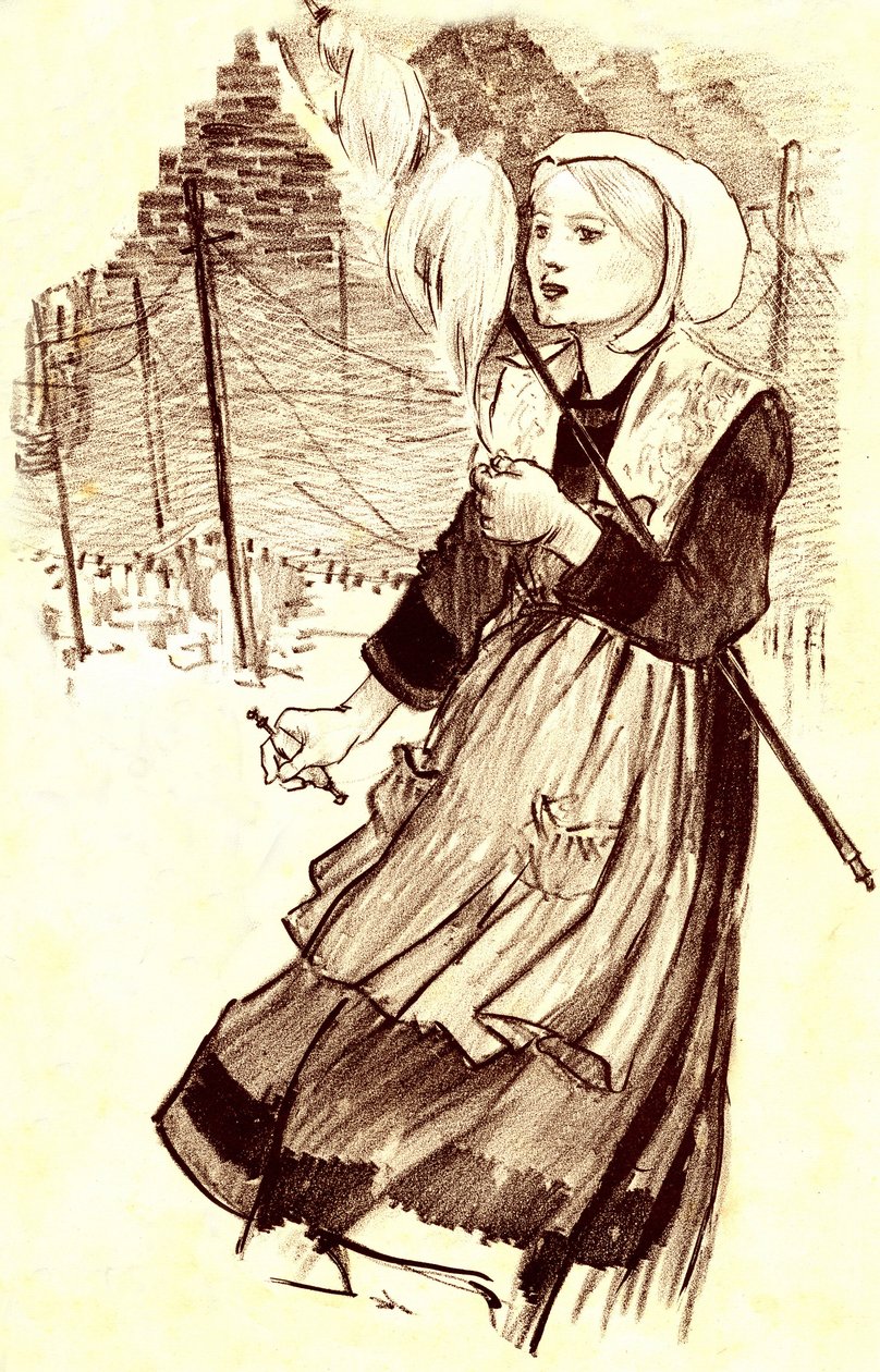 young villager - spinner - desenho (detalhe) de Steinlen (1859-1923) para ilustrar a canção "Why file tu? "- final do século XIX de Théophile Alexandre Steinlen