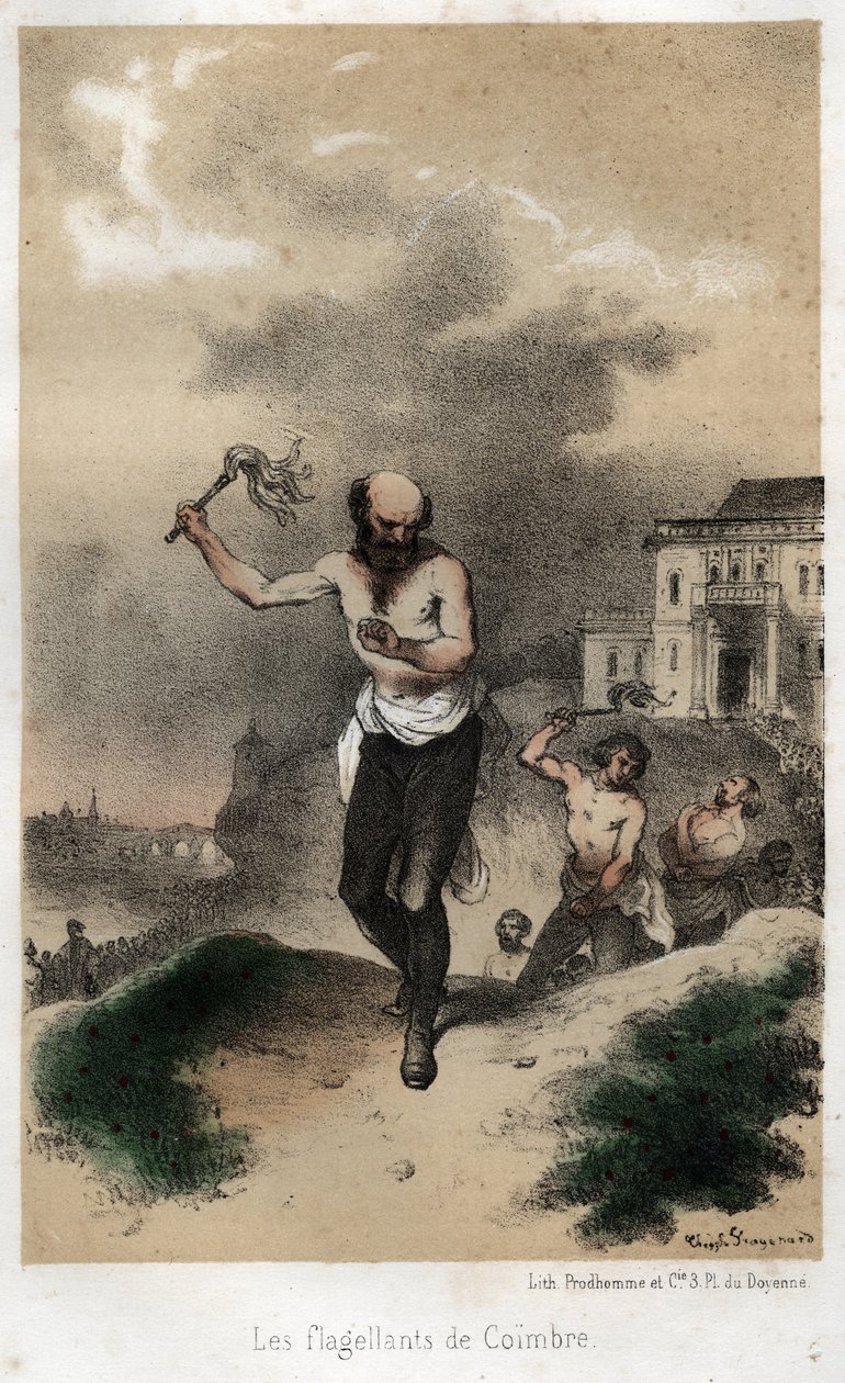 Os flagelantes de Coimbre: os jesuítas de Coimbra em Portugal fazem penitência pelo seu pecado em público, açoitando por volta de 1560. Gravura de 1845 em "A história dramática e pitoresca dos jesuítas desde a fundação da ordem até aos dias de hoje de Theophile Evariste Fragonard