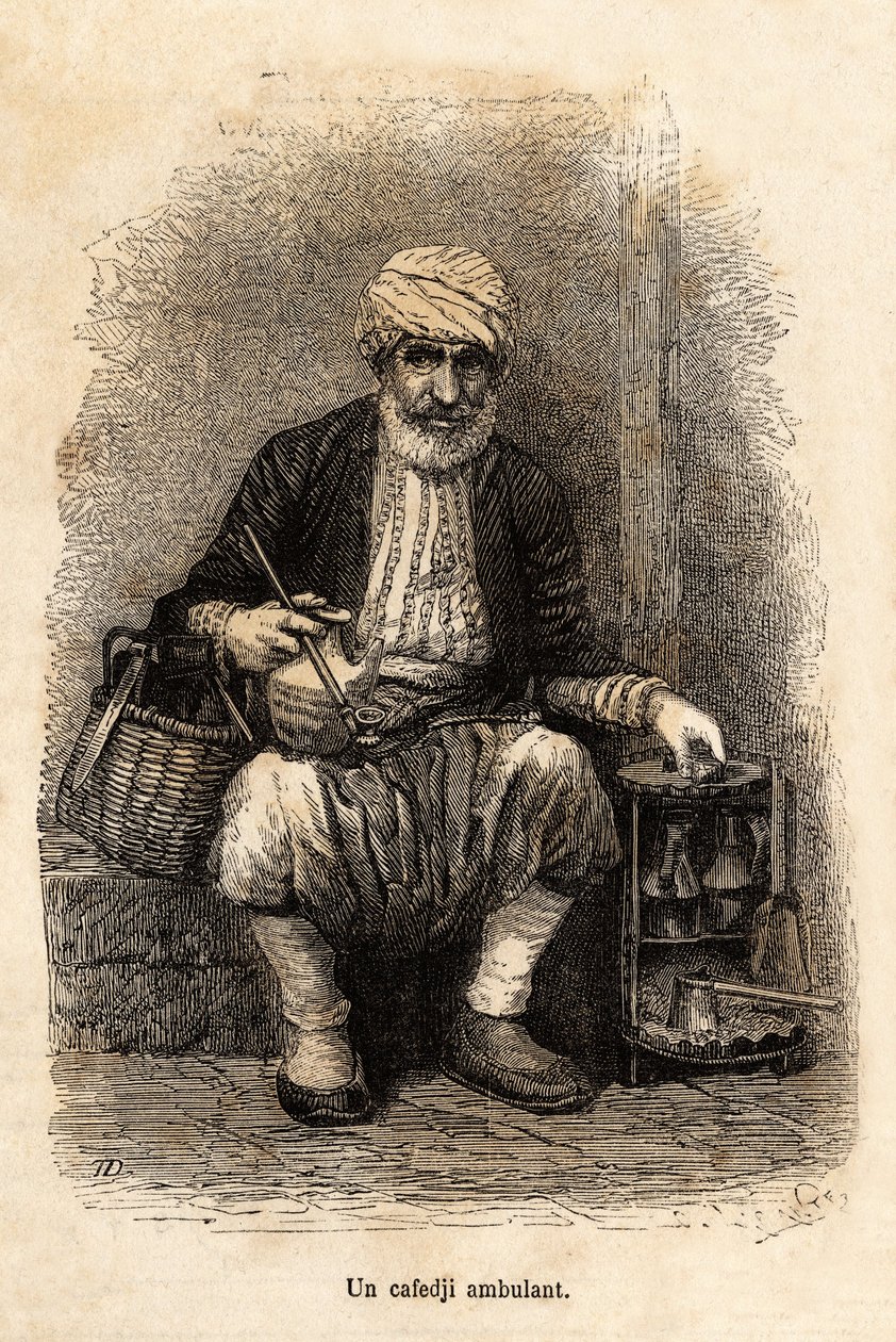 Um vendedor de café (cafedji) viajando, no bazar de Trebizonde (atual Trabzon, na costa do Mar Negro), gravando após um desenho do narrador, ilustrando uma viagem ao Lazistão e Armênia, de 1869, por Theophile Deyrolle, publicado em "Le to de Theophile Louis Deyrolle