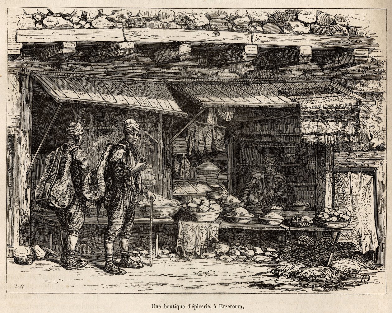 Uma mercearia em Erzeroum (Armênia), gravada após um desenho do autor, ilustrando a viagem no Lazistão e Armênia, de Theophile Deyrolles, em 1869, publicado em "Le tour du monde" 1875, editado por Edouard Charton, edição Hachette, Paris. de Theophile Louis Deyrolle