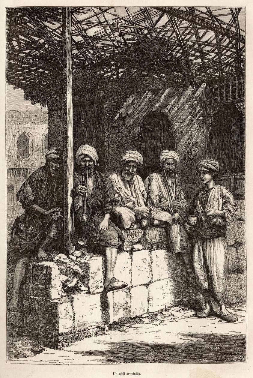 Um café armênio, um lugar de convívio masculino, para beber café e fumar o cachimbo, gravado após um desenho do autor, ilustrando a viagem no Lazistão e Armênia, de Theophile Deyrolles, em 1869, publicado em "Le tour du monde" 1875, e de Theophile Louis Deyrolle