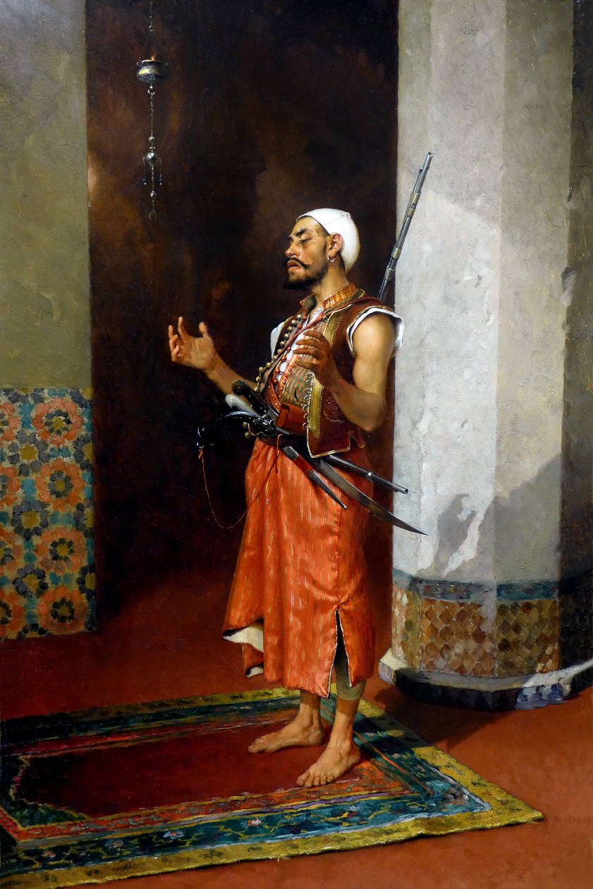 Guarda turca a rezar, finais do século XIX - início do século XX (óleo sobre tela) de Theophile Marie Francois Lybaert
