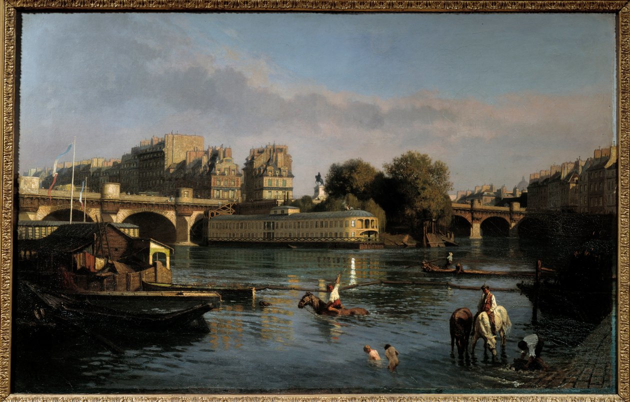 A nova ponte e a ponta da Ile de la Cite. Vista de Paris. Pintura de Theophile Meunier (1800-1884) de Théophile Meunier