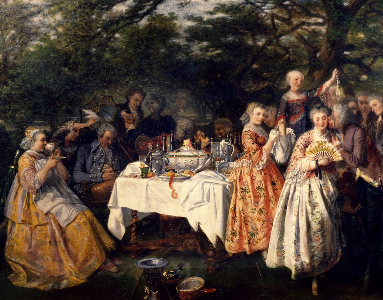 Piquenique no campo, no jardim da estalagem na periferia de Estrasburgo por Theophile Schuler (1821-1878), cerca de 1750 de Theophile Schuler