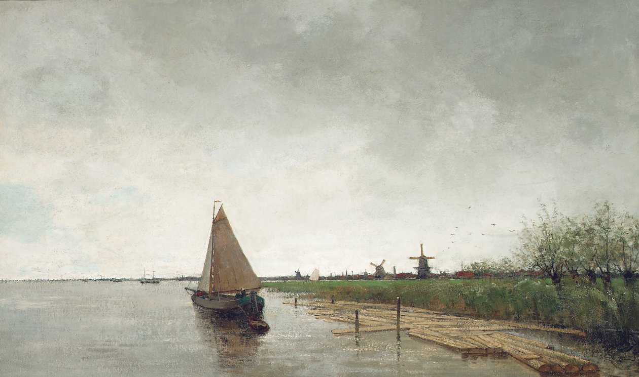 Uma paisagem de rio com embarcações, uma cidade além (óleo sobre tela) de Theophile de Bock