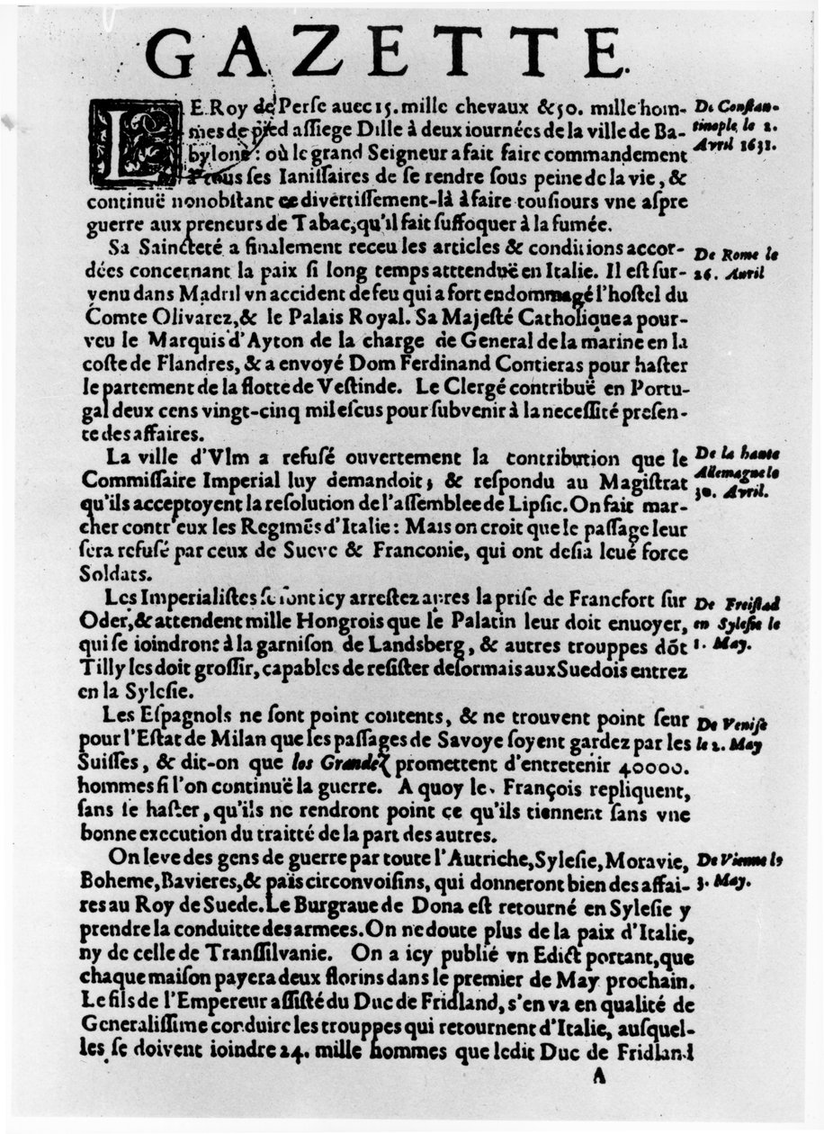 Página de texto de &39;La Gazette&39; descrevendo o cerco de uma cidade perto de Babilônia pelo rei da Pérsia, 1632 de Theophraste Renaudot