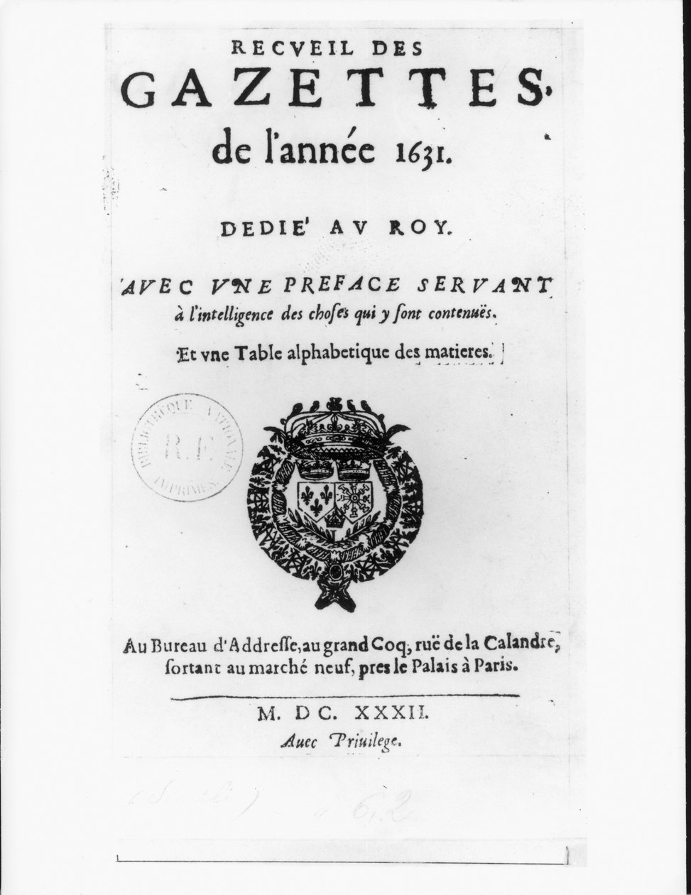 Página de título da primeira coleção de &39;La Gazette&39;, 1632 de Theophraste Renaudot