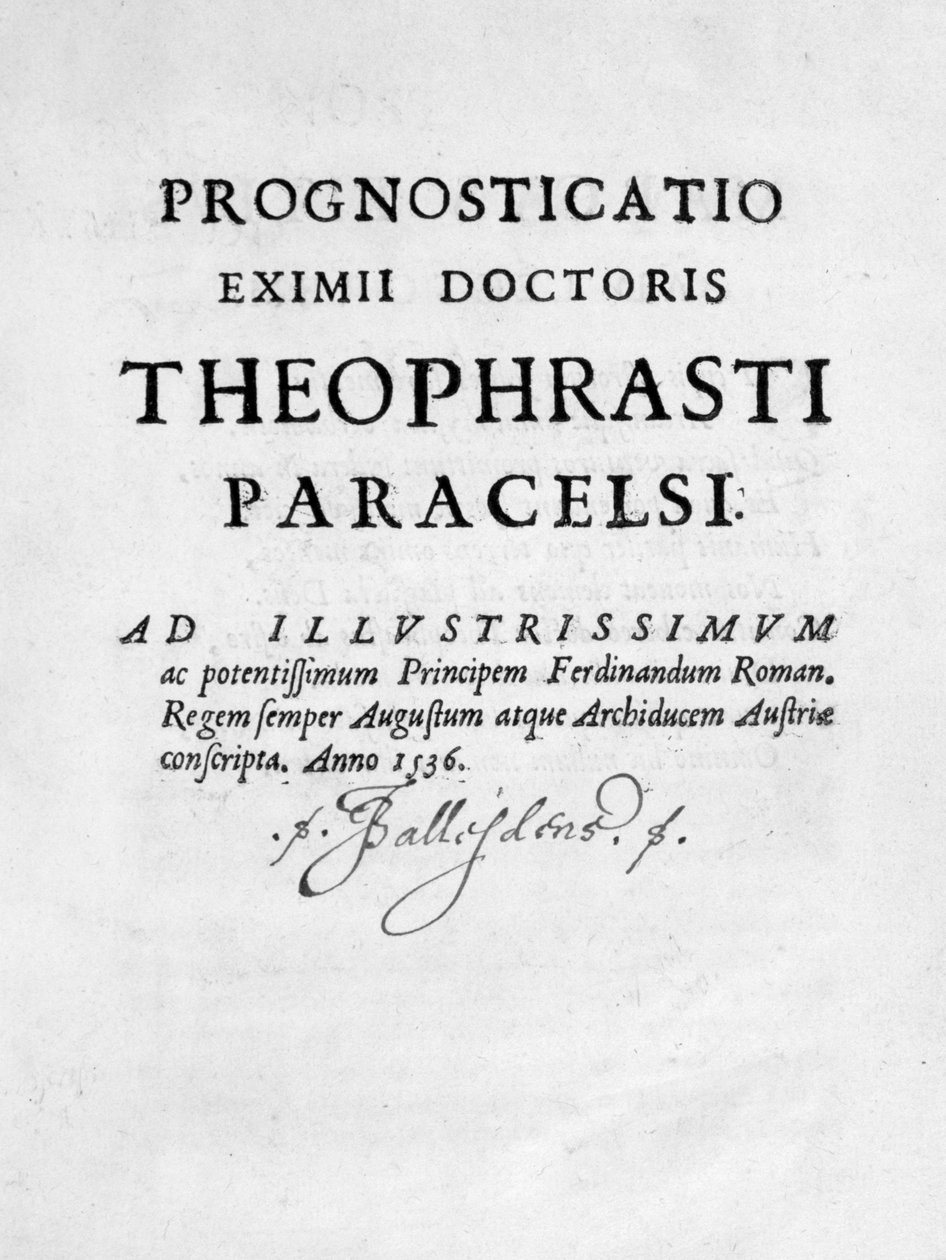 Frontispício prognosticar Eximii médico Paracelso de 1536. de Theophrastus Bombastus von Hohenheim Paracelsus