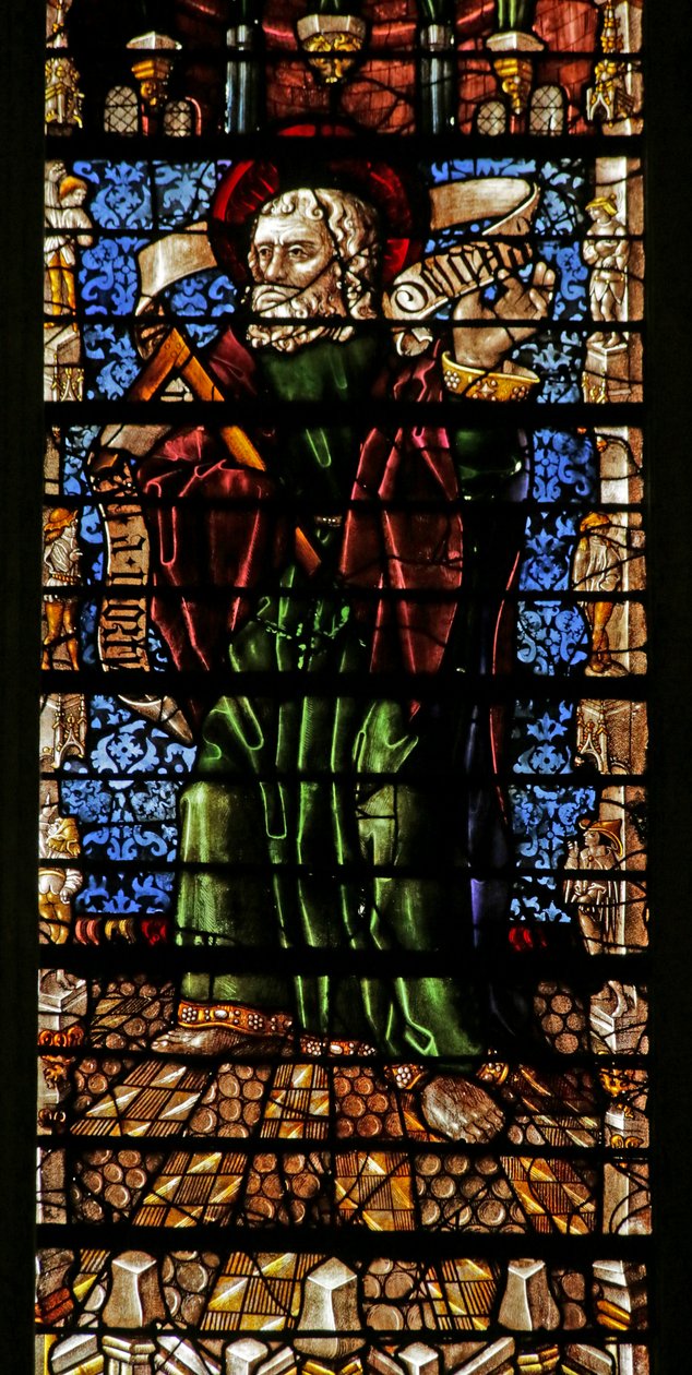 Janela retratando o apóstolo St Thomas com Creed scroll (vitral) de Thiebaut de Lixheim