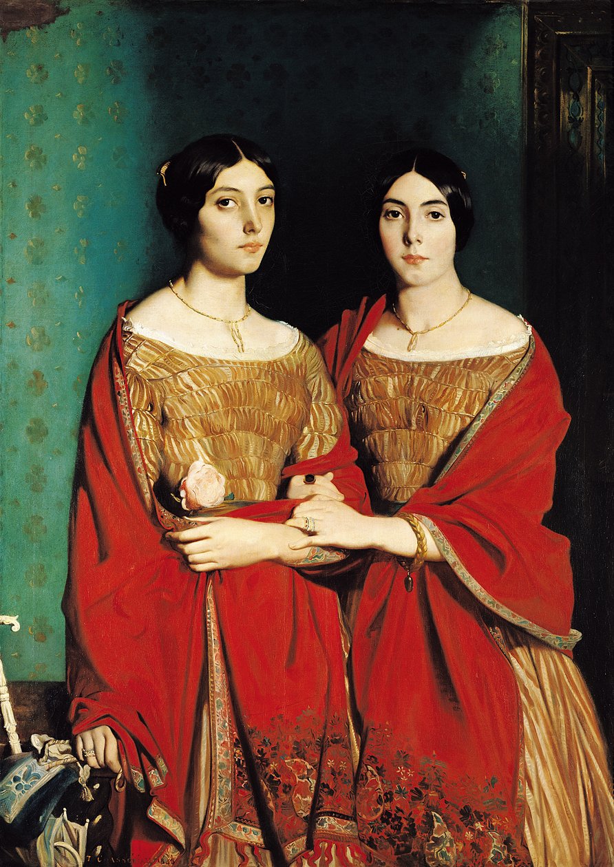 As Duas Irmãs, ou Mesdemoiselles Chasseriau: Marie-Antoinette-Adele (1810-69) e Genevieve (Aline) (1822-71) irmãs do artista, 1843 de Théodore Chassériau
