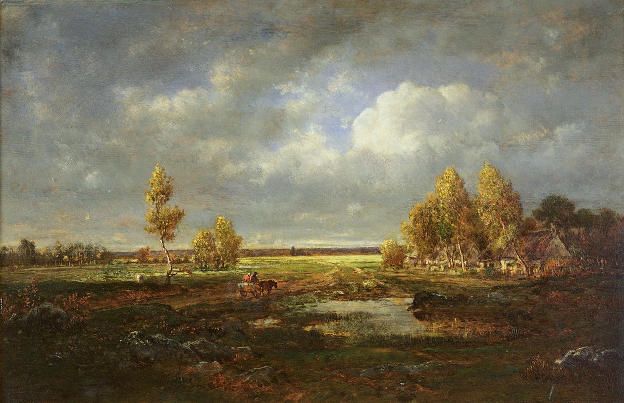 A lagoa perto da estrada, fazenda em Le Berry, c.1845-48 (óleo sobre madeira) de Pierre Etienne Theodore Rousseau