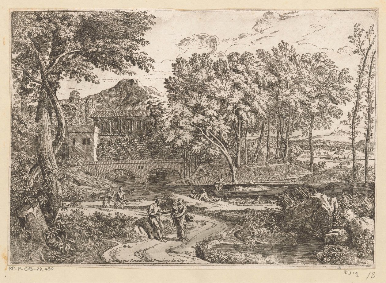 Paisagem da Arcádia com um rebanho de cabras à beira da água e uma mãe com filho em um caminho com outras figuras Suite de Paysages (título da série) de Théodore
