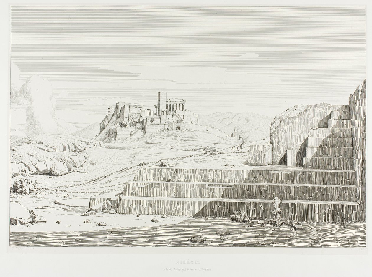 A Acrópole, Atenas: O Pnyx, o Areópago, a Acrópole e o Monte Hymmettos de Théodore Caruelle d