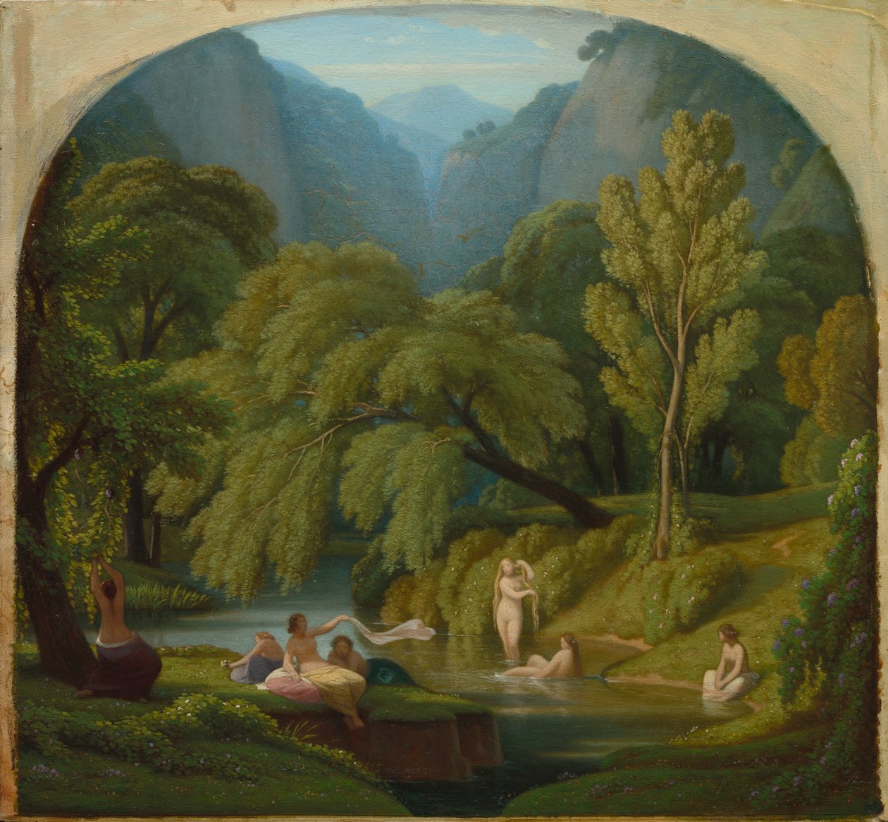 Os Banhistas, Recordação das Margens do Rio Anio em Tivoli, c. 1860-61 (óleo sobre painel de madeira) de Théodore Caruelle d