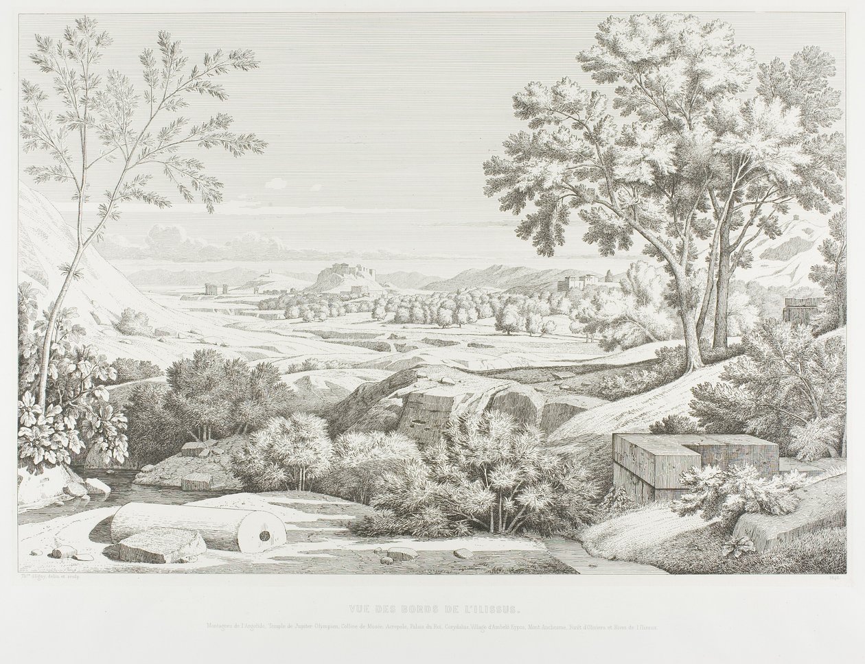 Vista das margens do Illisós: Montanhas da Argólida, Templo de Júpiter Olímpico, Acrópole, Palácio do Rei Corydalus, Aldeia de Ambelo
