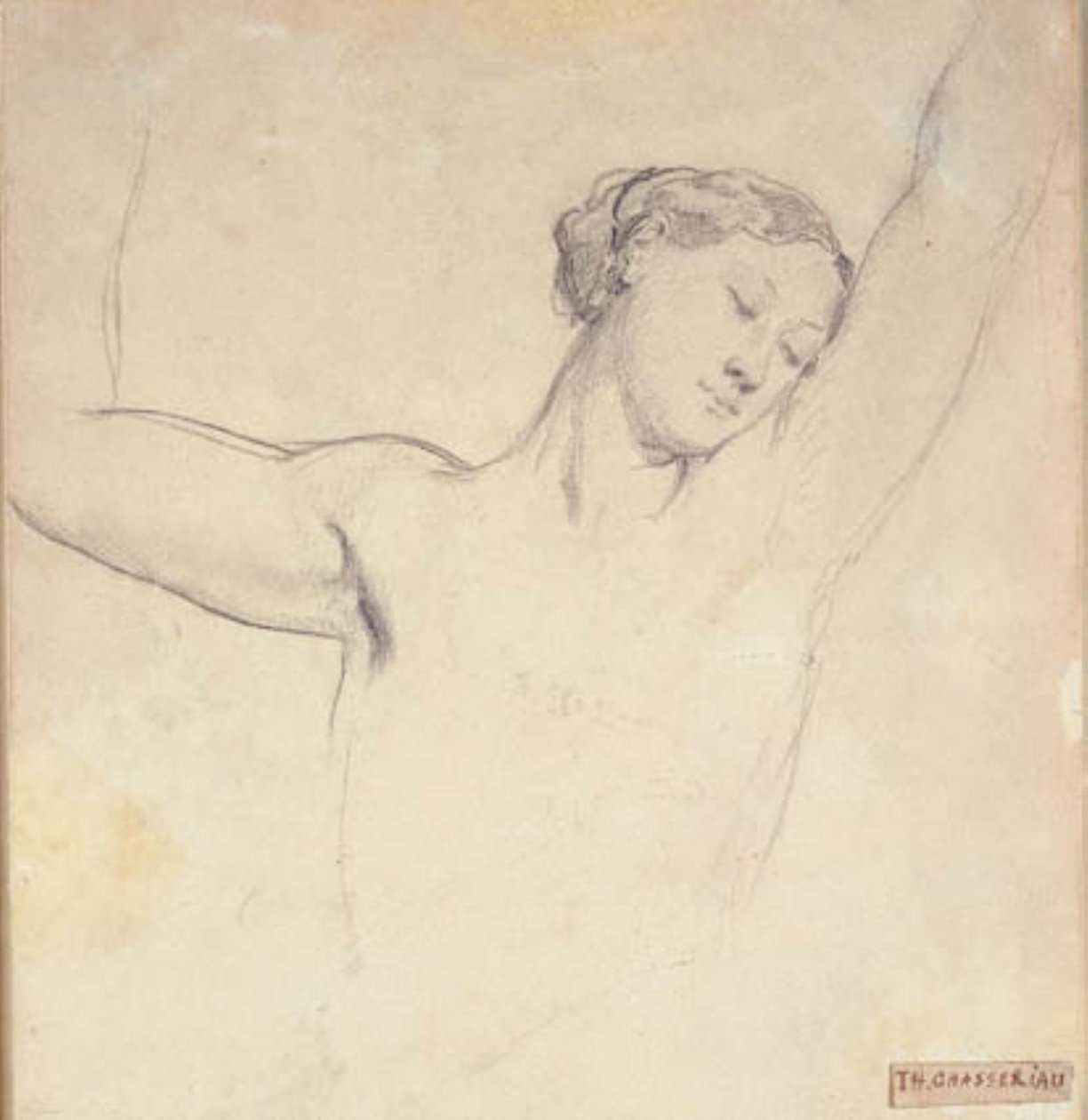 Modelo feminino, meia figura com braços levantados de Théodore Chassériau