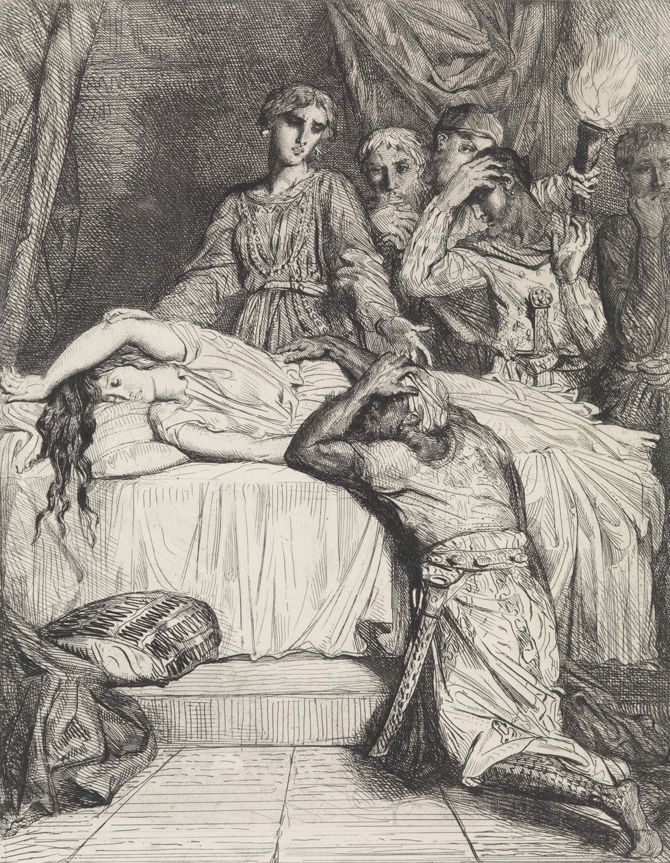 Oh! Oh! Oh!: placa 14 do Ato 5 de Otelo, Cena 2, gravada em 1844, r..., gravada em 1844, reimpressa em 1900. de Théodore Chassériau