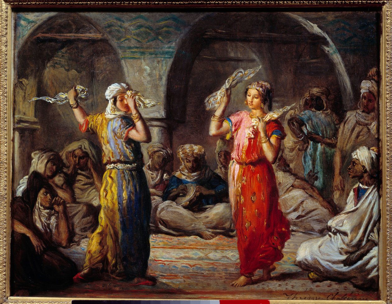 Orientalismo: "Dança do tecido": Dançarinos marroquinos" Pintura de Theodore Chasseriau (1819-1856) Sol do século XIX. 0,32x0,4 m de Théodore Chassériau