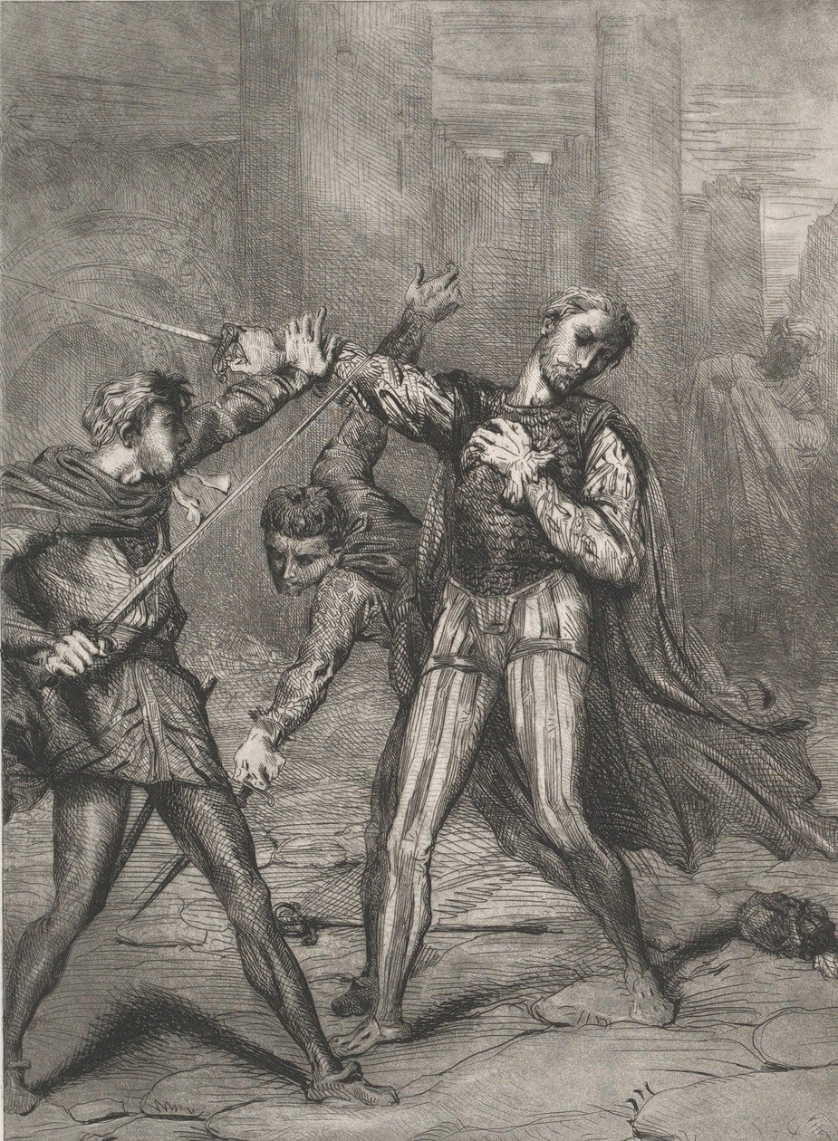 Vilão, tu morres: placa 10 do Ato 5 de Otelo, Cena 1, gravado em 1844, reimpresso em 1900. de Théodore Chassériau