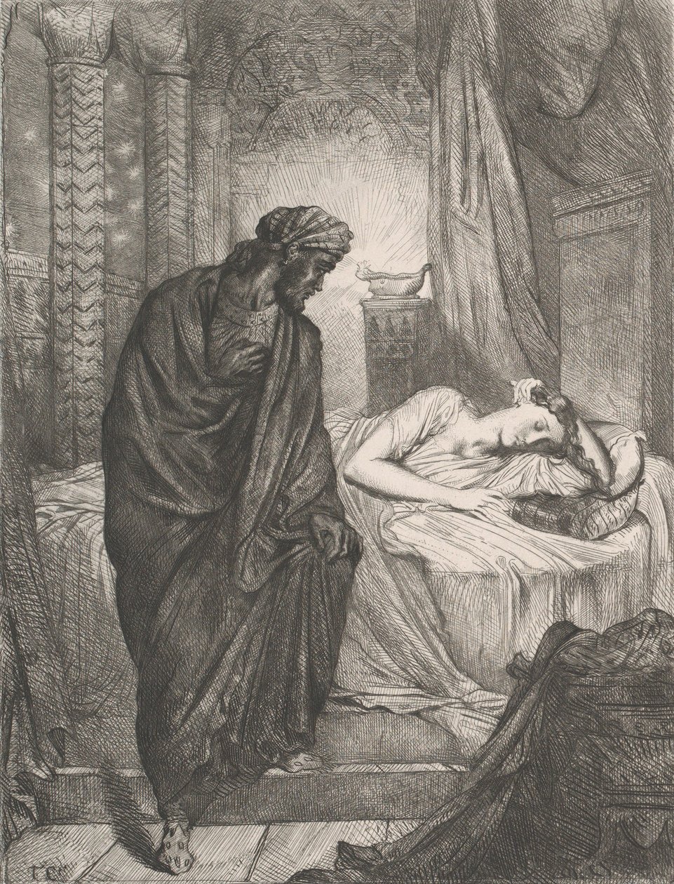 No entanto, ela deve morrer: placa 11 do Ato 5 de Otelo, Cena 2, gravada em 1844, reimpressa em 1900. de Théodore Chassériau