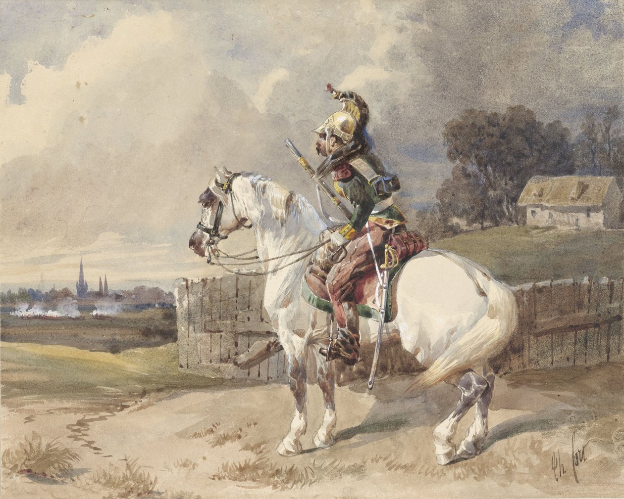 Dragão francês sobre um cavalo branco, virado à esquerda, de perfil de Théodore Fort (signed by artist)