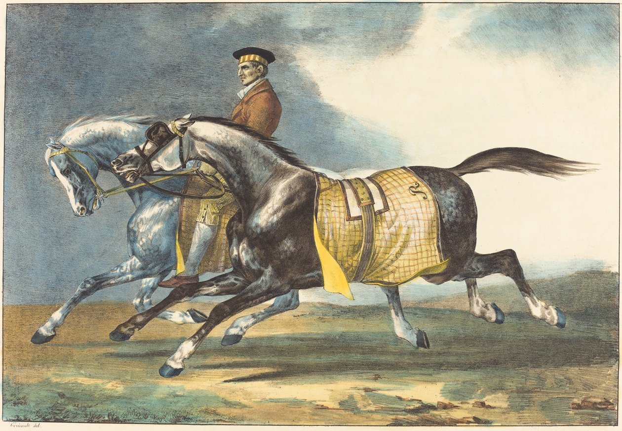 Exercício de Dois Cavalos Dapple-Gray de Théodore Gericault and Léon Cogniet